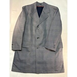 VTG 70s Sears The Mens Store Travelknit Overcoat Gray Glen Plaid Trench Coat 46R
